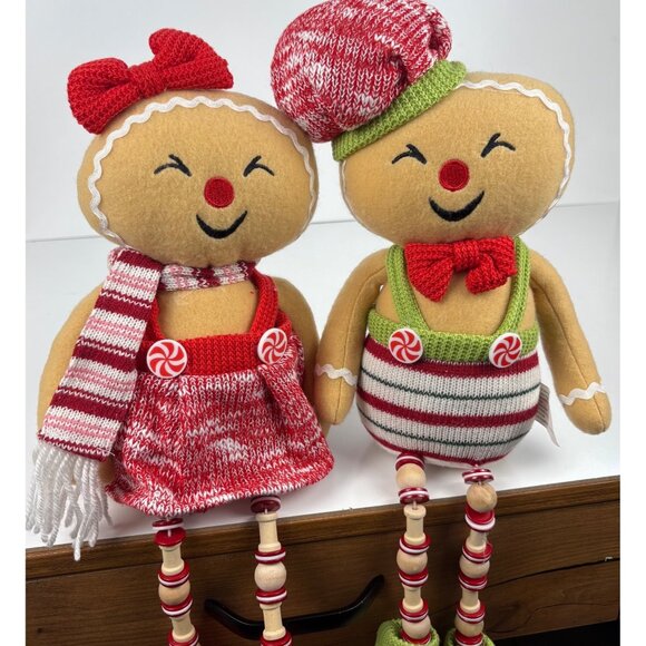 Set Of 2 Plush Gingerbread Large Shelf Sitters Mantel Weighted Dolls Holiday 17” - Picture 1 of 6